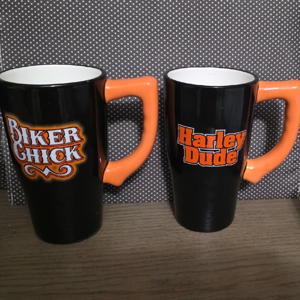 Harley-Davidson Black Mugs with Orange Handles
